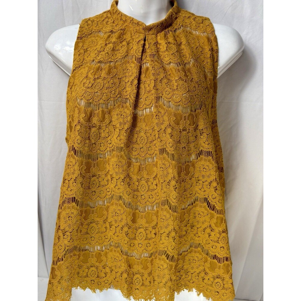 love, FiRE Yellow Floral Lace High Neck Keyhole Sleeveless Blouse XL